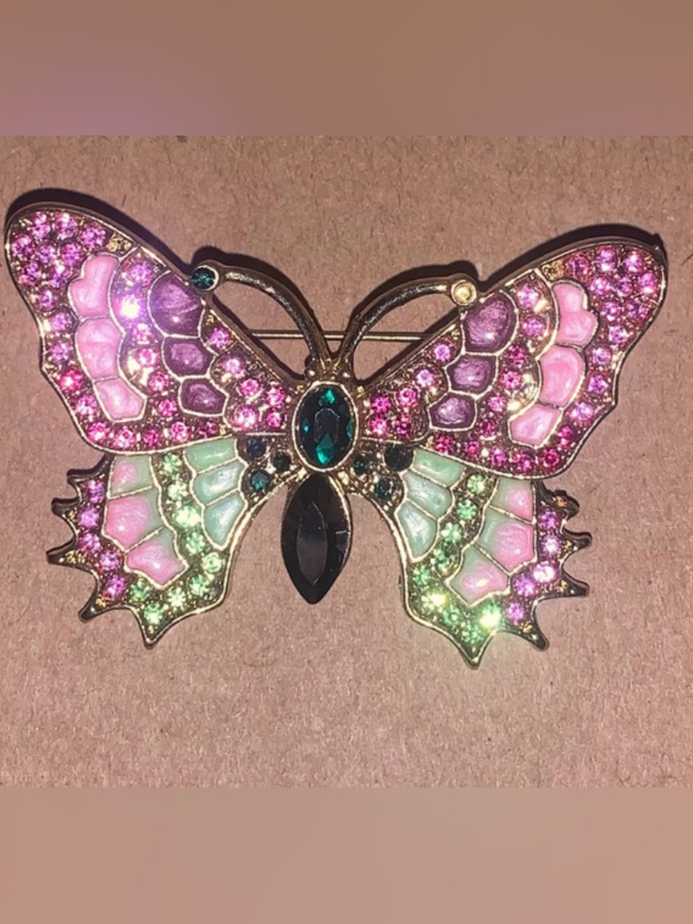 Pink and Green Crystal Butterfly Brooch